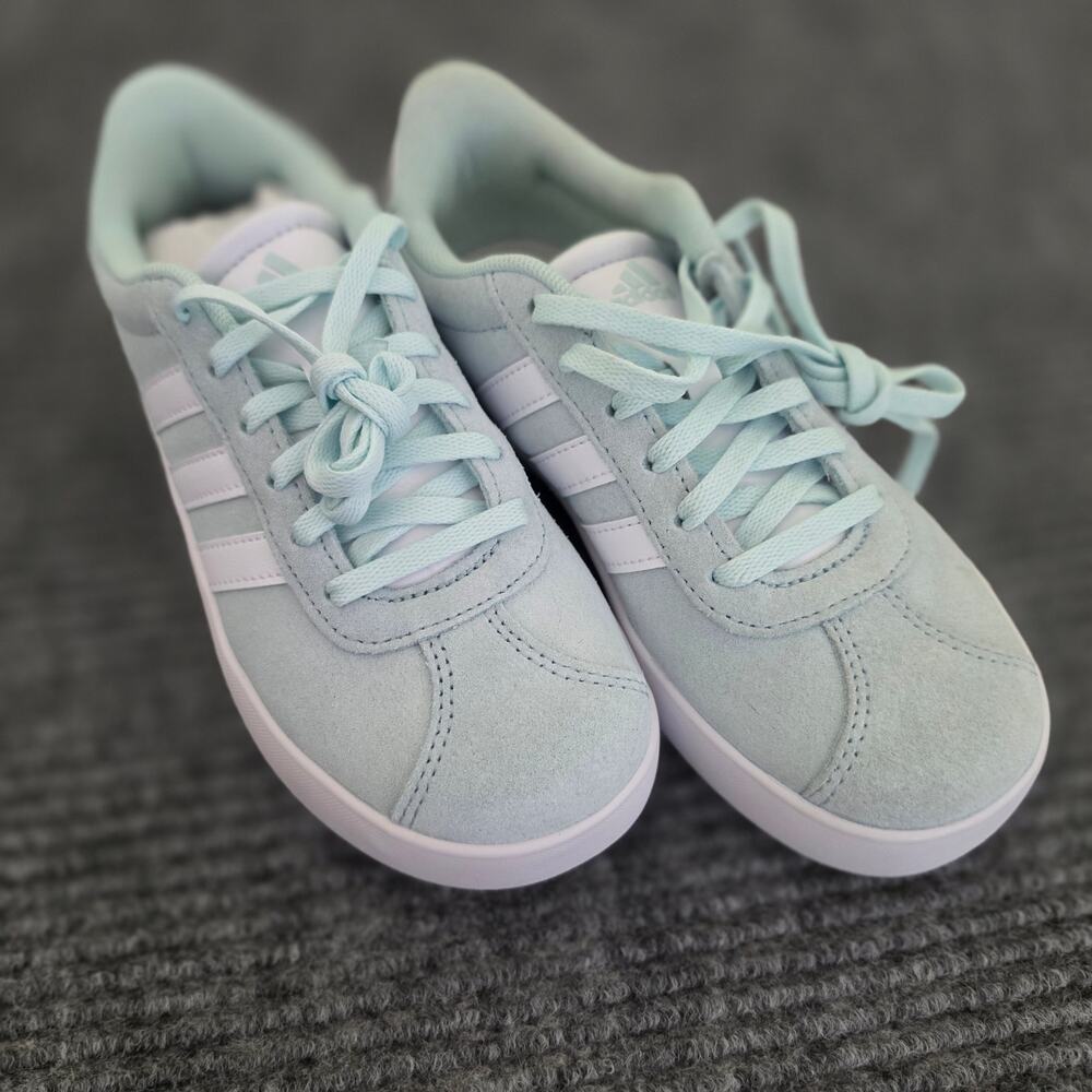 Adidas VL Court 3.0 Kid's Size 1 Halo Mint Cloud White Suede Chushioned Sneakers